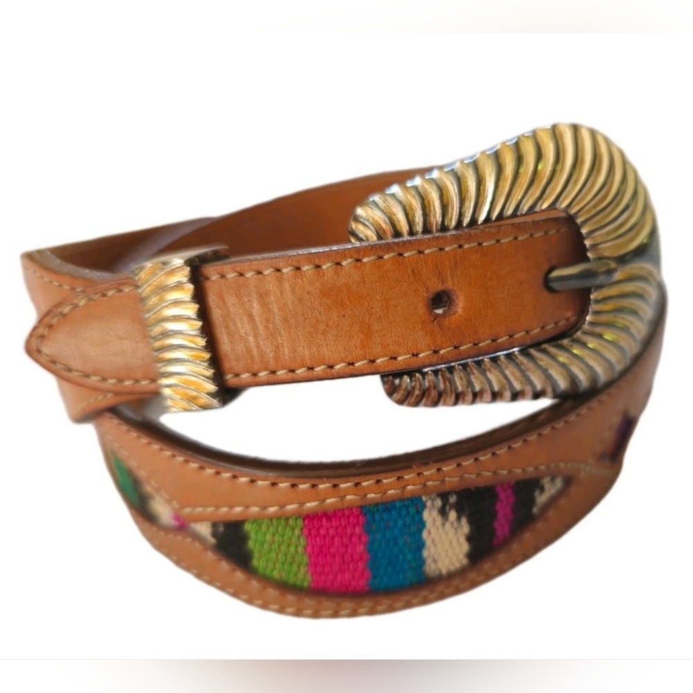 VTG Silver Creek Womens Brown Leather Belt w/ Multi Color Tapestry Accents Sz-30